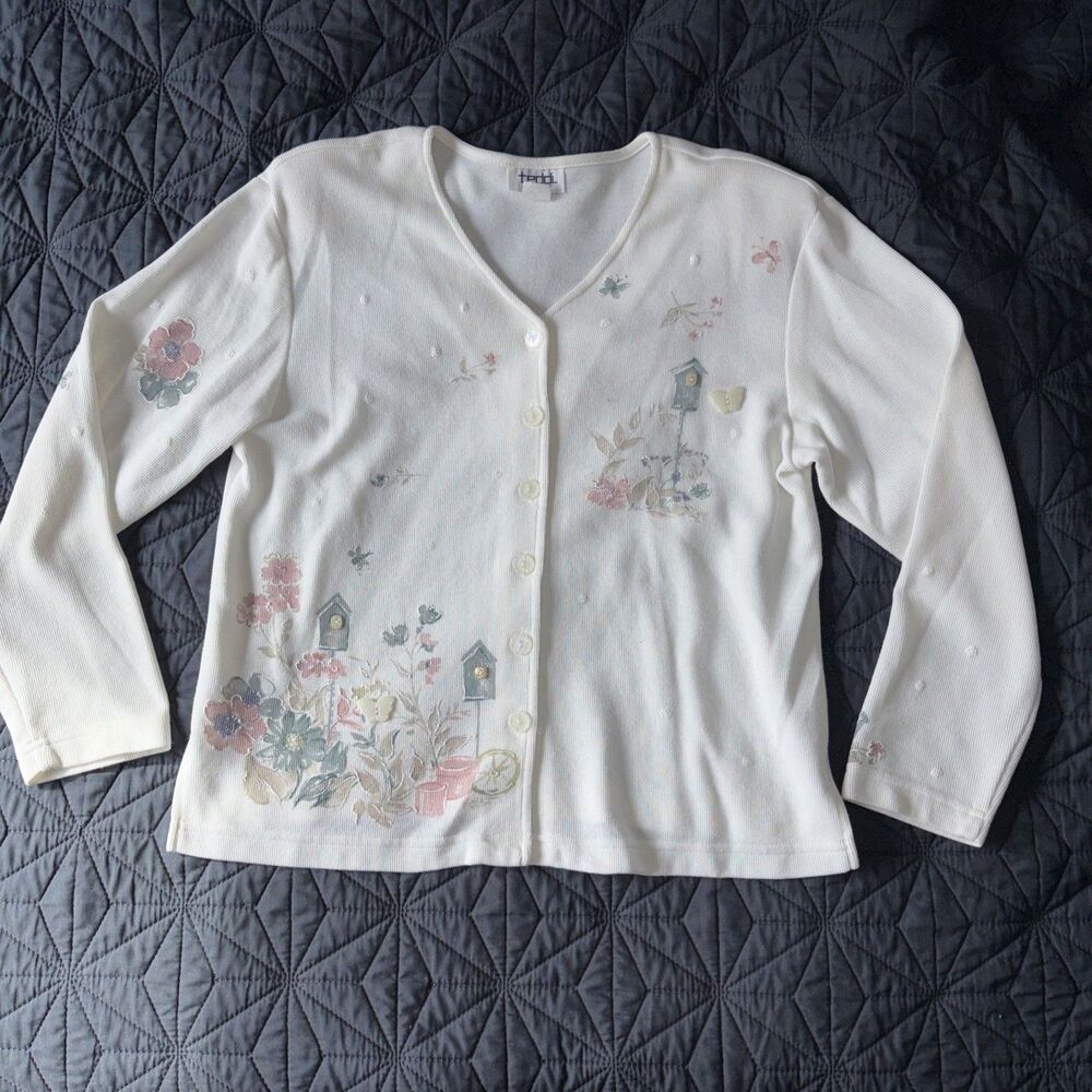 Vintage Teddi Womens L Cardigan Sweater Flower, Butterfly, Birdhouse Grandma